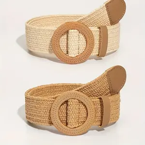 2pcs Boho Brown Straw Woven Belt Classic Round Buckle Wide Belt Elegant Summer Beach Belt