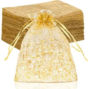 Gift Bags 100Pcs Gold Sheer Organza Bag 5x7 Inch Mesh Favor Bags Drawstring Jewelry Rattan Printed Gift Pouches for Wedding Party Favors Couple Shower Christmas Gifts Candy Bags