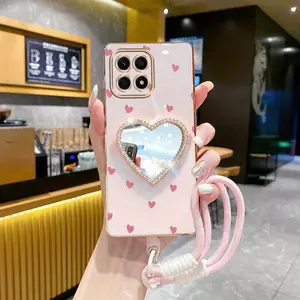 X8a Impact Resistant Plating Knitting Strap Lanyard Mirror Phone Holder Case For Compatible With Huawei Honor X8a Red Lucky Little Heart Stand Cover