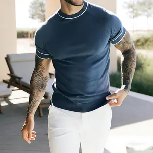 Men’s navy blue contrast-trim knit short-sleeve T-shirt, slim fit and breathable; a casual commuter top for summer with a light mature aesthetic (please refer to the size chart when placing your order, thank you)..men's wear flash sale.