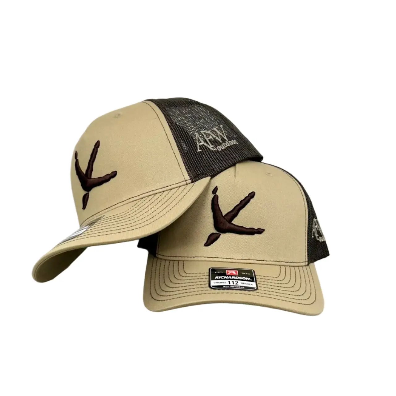 Khaki/Coffee Turkey Tracks Graphic Trucker Hat - Baseball Cap Adjustable, Embroidered Flatbill Snapback, Cotton Casual Breathable Mesh Hat with Buck Logo for Daily Use, Embroidered Snapback