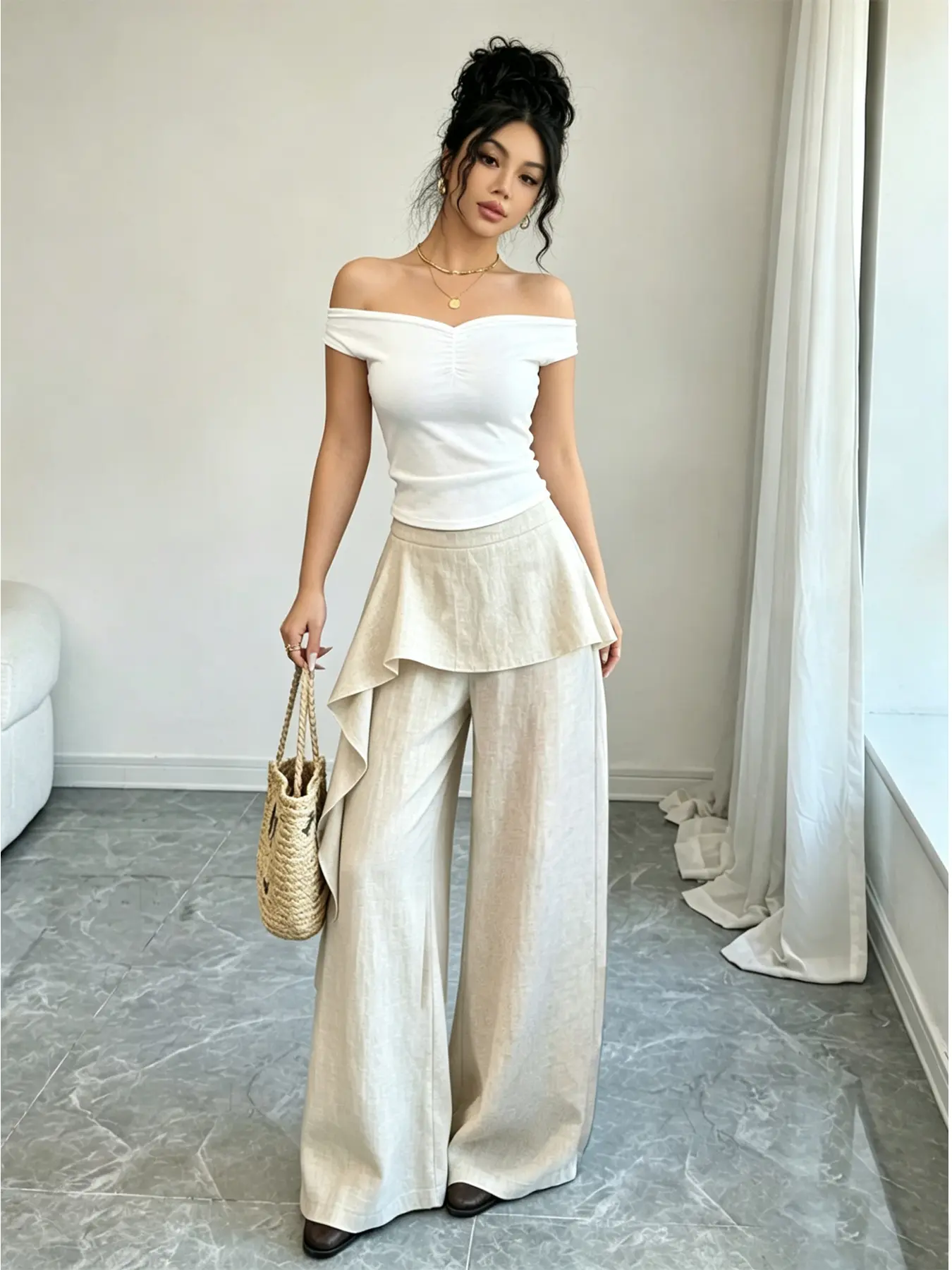 A fashionable high waisted wide leg pants for women, with a sharp cut to enhance leg shape, made of lightweight and breathable fabric, suitable for both work and travel