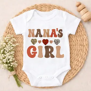 Nana's Girl With Hearts And Leopard Print Baby Bodysuit Casual Short SleeveRomper Crew Neck Outfit for Baby Boys & Girls  baby girls clothes Breathable baby clothes boy Comfort Baby Clothes for Outdoor Daily Wear