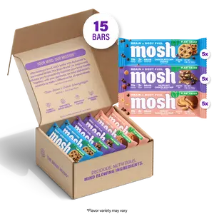 MOSH Plant-Powered Protein Bars Variety Pack - 15 Count, Plant-Based Protein Treats, Gluten-Free Snack, High Fiber, Low-Sugar, Assorted Chocolate Chip Flavors (Including Peanut), Natural, 6+ Brain Nutrients