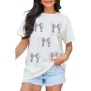 Women's White Glitter Baseball Bow Patched Cotton Blend T-Shirt