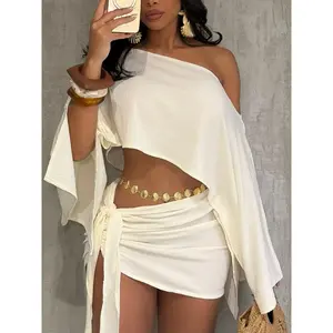 Women's solid color elegant sexy beach vacation set, crop top and tight skirt, fashionable knitted clothing, knot design clothingRAIMENTRY
