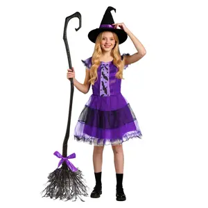 Halloween Witch Role Play Dress Set for Girls 3-12 Wizard Costume Purple Dress with Hat & Broom Perfect for Holiday Party Themed Events