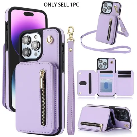 PU leather crossbody two fold zipper wallet phone case with hanging rope anti drop suitable for Apple iPhone 18 17 Pro Max iPhone 17 Air 16 15Pro 14Plus 13 12 11Pro Max card insertion multi slot protective cover back to school gift