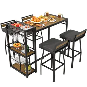 ONBRILL 5-Piece High Top Table and Chairs Set, Outdoor Bar Set with Multi-Functional Shelves, Wood Plastic Tabletop, 360° Swivel Stools, Weather-Resistant Outdoor Furniture for Deck Garden