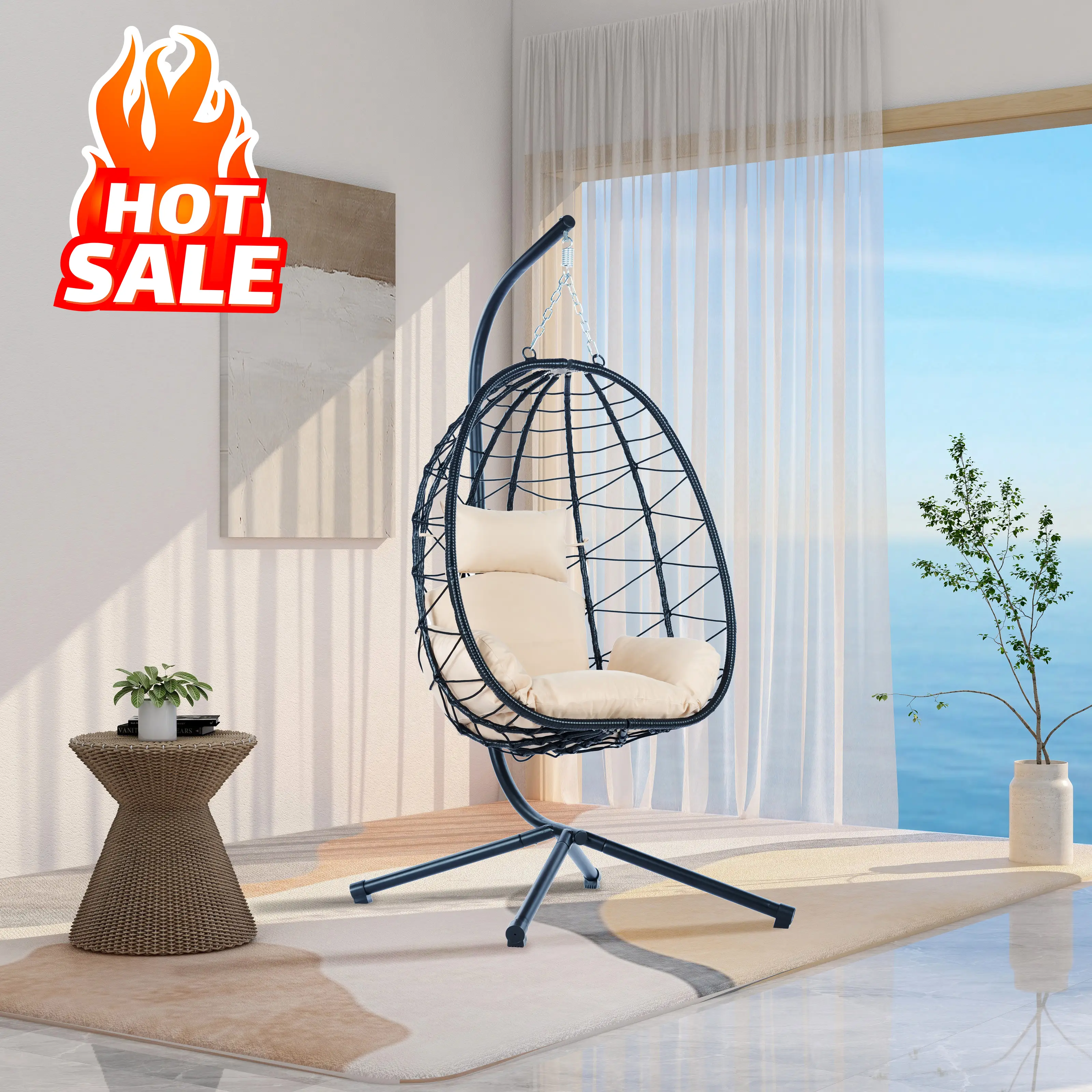 Hanging Egg Chair with Stand - 350lbs Capacity, Indoor/Outdoor Wicker Rattan Design with Grey Cushions - Perfect for Bedroom, Balcony, Garden, or Pool