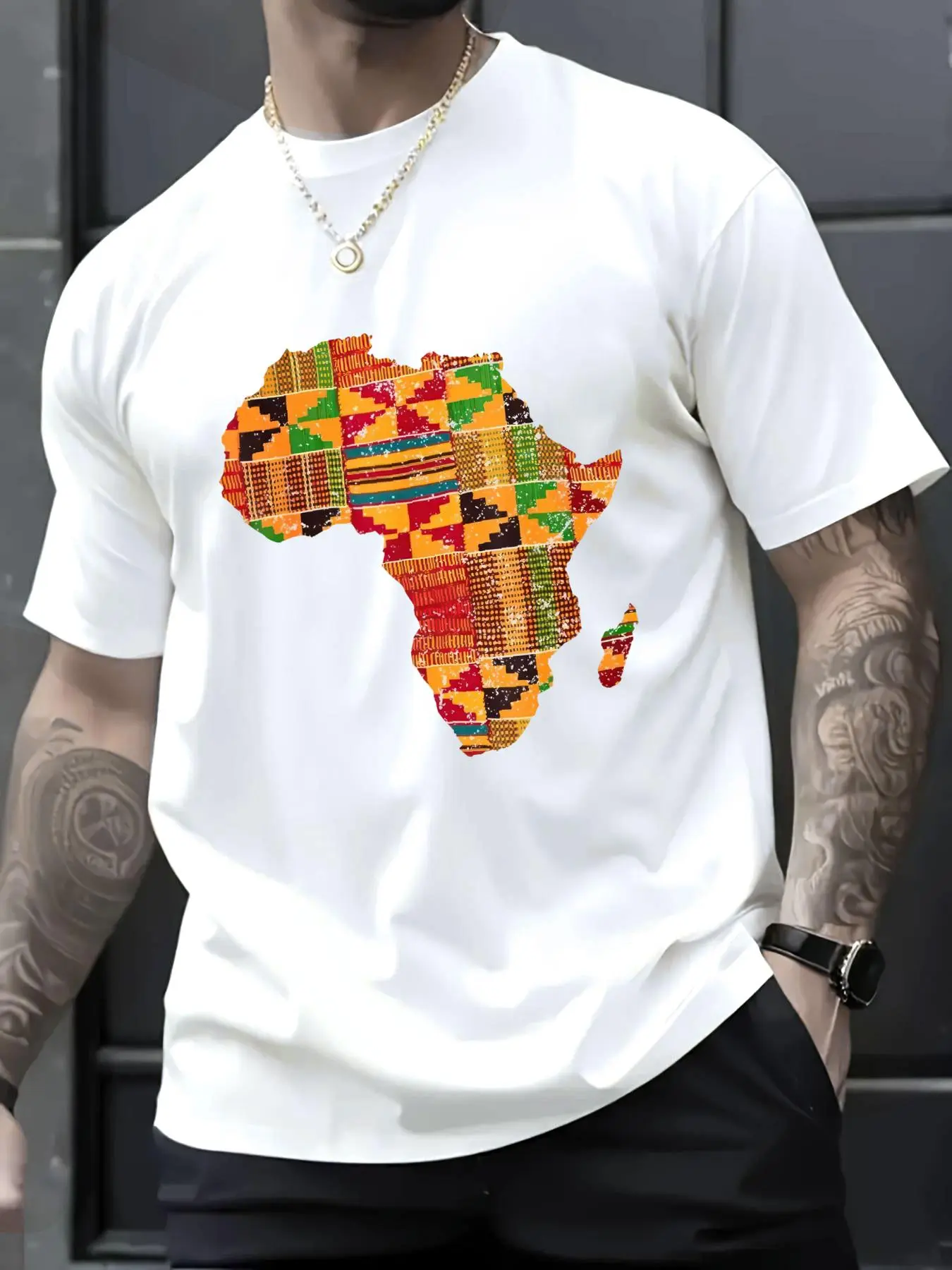 Casual Graphic Tshirt with Africa Map Kente Print, 100% Cotton Shortsleeve Top for Men and Women, Loose Fit, Menswear, Round Neck, Streetwear, All Seasons