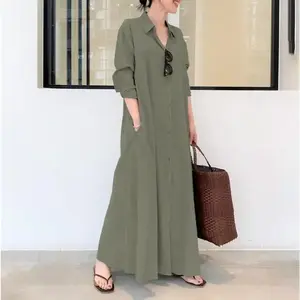 Wind Cotton and Linen Solid Color Lapel Long Sleeve Pocket Simple Loose Casual Long Shirt Dress