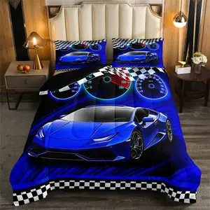 Blue Race Car Bedding Set,Extreme Sports Comforter Set,Ultra Soft Speed Sports Car Comforter,Cool Car Duvet Set,Racing Car Quilt Set