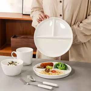 21cm White Ceramic Divided Plate, 3 Compartments Dinner Plate, 8.27 Inch Round Serving Platter for Portion Control, Meal Prep, Diet, Breakfast, Lunch, Microwave & Dishwasher Safe, 2.8cm Deep