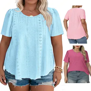Plus Size Summer Tops for Women Dressy Eyelet Puff Short Sleeve Crewneck Tunic Shirts Casual Cute Solid Color Blouses 1X–5X RPS2145 vacation