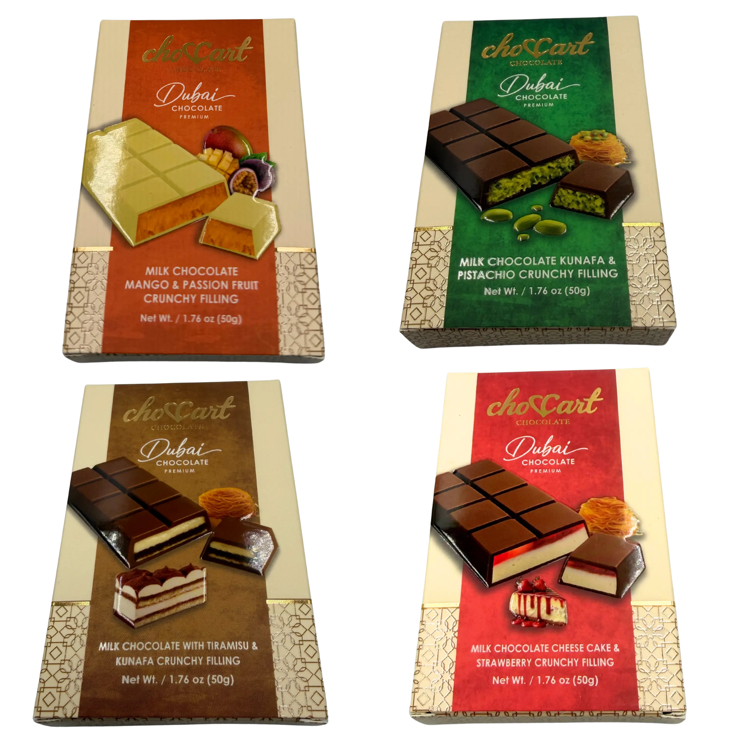 ChocCart Dubai Chocolate - 4 Flavors - 12 Bars Per Pack - 50g Each Bar - Chocolate with Kunafa