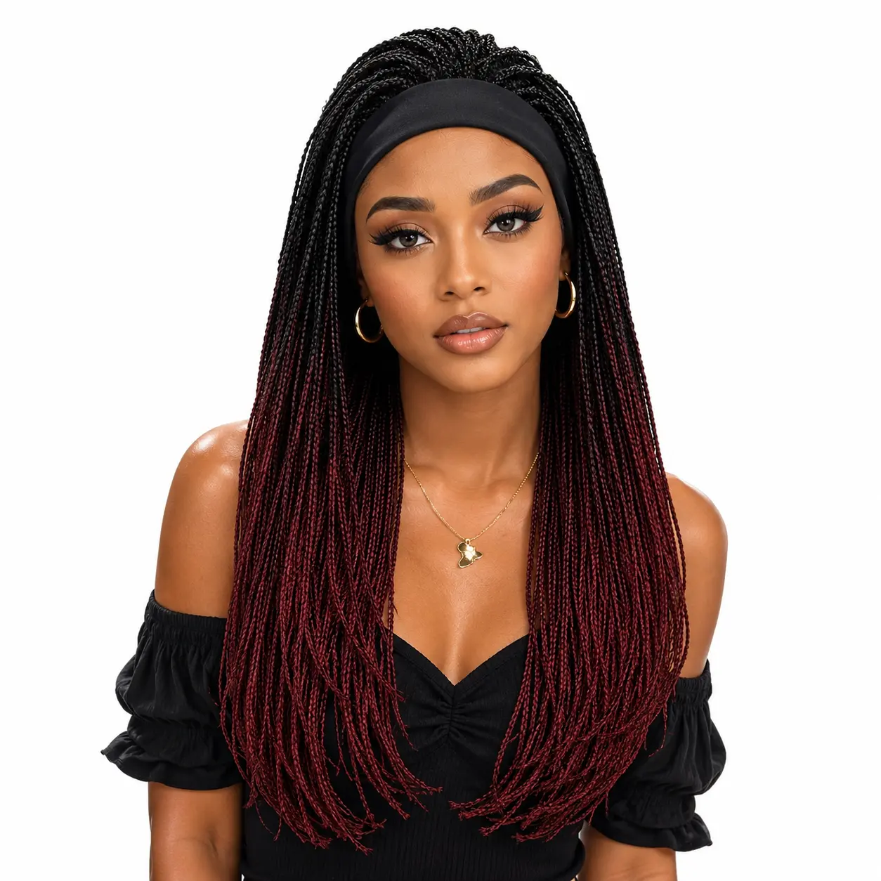 20 Inch Glueless Cornrow Braid Headband Wig Ombre Burgundy Straight Braided Wig for Black Women Heat Resistant Synthetic Hair Wig with Rose Net Cap