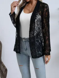 Spring & Fall Floral Lace Elegant Reversible Collar Long Sleeve Blazer Jacket, Women's Stylish Casual Office Wear, Comfortable Fit