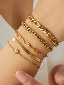 5pcs Chain Bracelet Set, Dainty Layered Stackable Bracelets, Multilayered Bangles, Herringbone & Cuban & Paperclip Chain Jewelry, Elegant Accessories, Trendy Stack Bangle