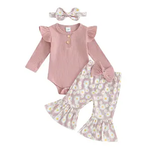 Baby Girls 3 Piece Outfits Ribbed Long Sleeves Romper and Daisy Print Elastic Flared Pants Headband Set Fall Clothes