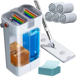 Mop and Bucket Set, Flat Mop and Bucket System, Mop Bucket with Wringer, Wall Mop with Adjustable Handle (Max 61 Inches), 5 Washable Microfiber Mop Pads
