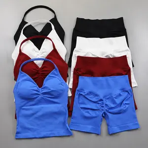 Women’s Seamless Workout Set, Padded Halter Tank Top & Scrunch Butt Lifting Gym Shorts for Yoga, Running, Summer Fitness & Casual Wear