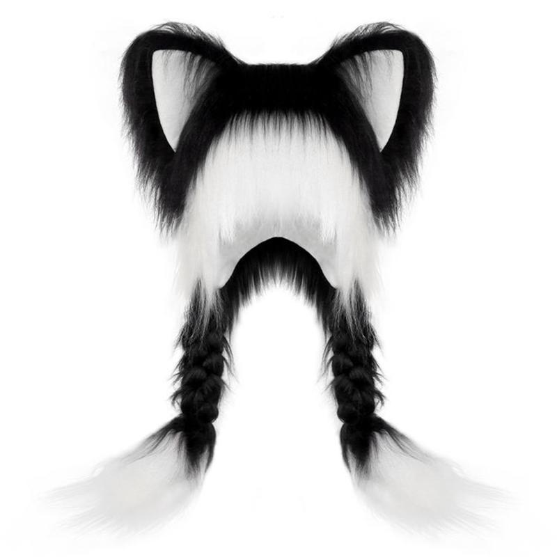 Main Character Energy Faux Fur Animal Ear Hat with Braids Y2K Aesthetic Plush Beanie Kawaii Cosplay Accessory Trendy Gift Idea for Her Christmas Birthday Valentine's Day Anniversary Spring Winter Fall Streetwear Festival Essential Coquette Core Vibes