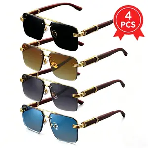 4 Pcs Unisex Full Rim Retro Square Sunglasses, Trendy Vintage Double Bridge Lightweight Eyewear, Unisex Fashionable Glasses for Party, Casual Wear fathersdaygift