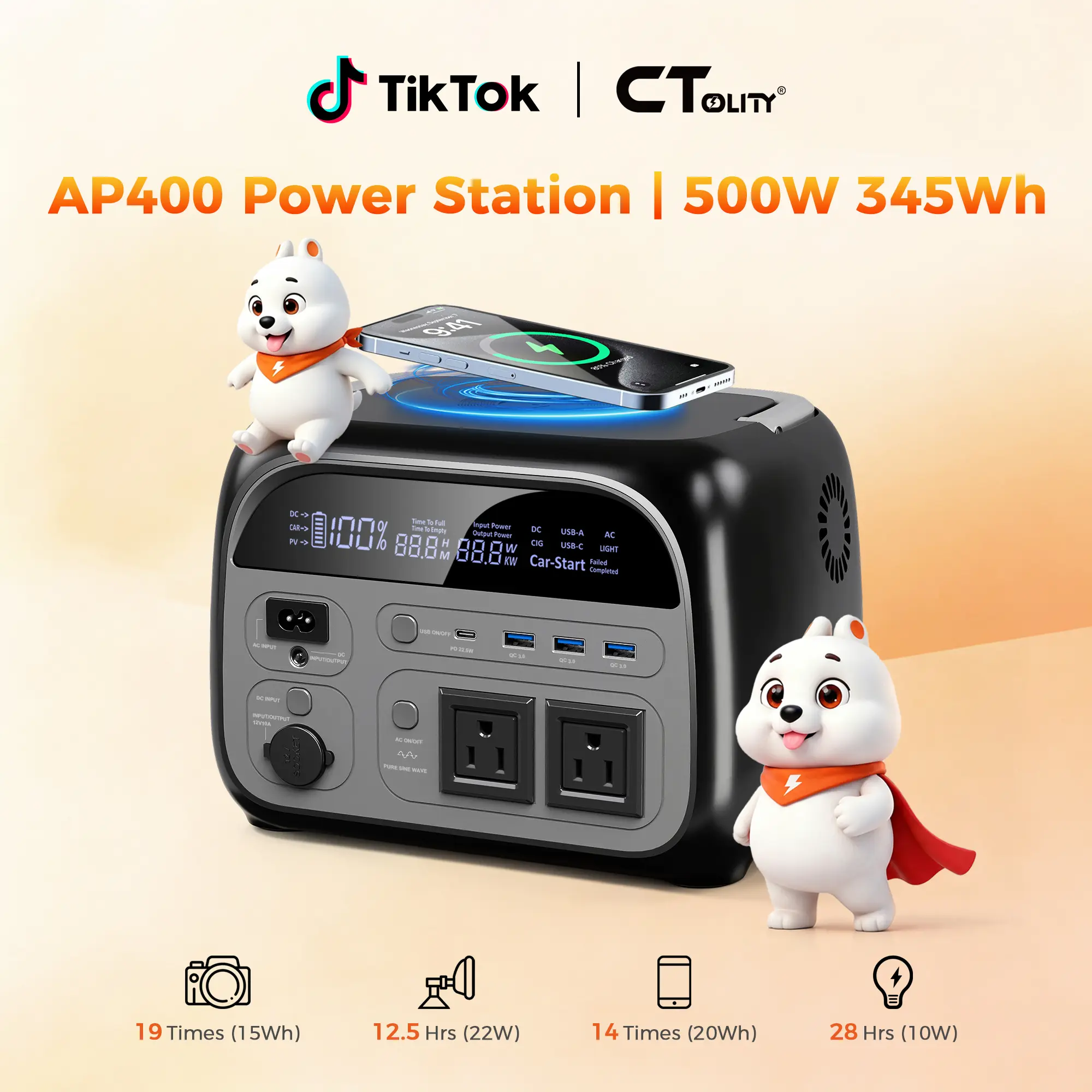 [Techvibes Toolupgrade]CTOLITY 500W 345Wh Camping Power Station Powerbank Emergency Supply Backup LiFePO4 Battery Portable Solar Generator Energy Travel RVs Emergencies Gas Alternative Charging Rechargeable[Power Outage Survival],TikTokShopFallDealsForYou