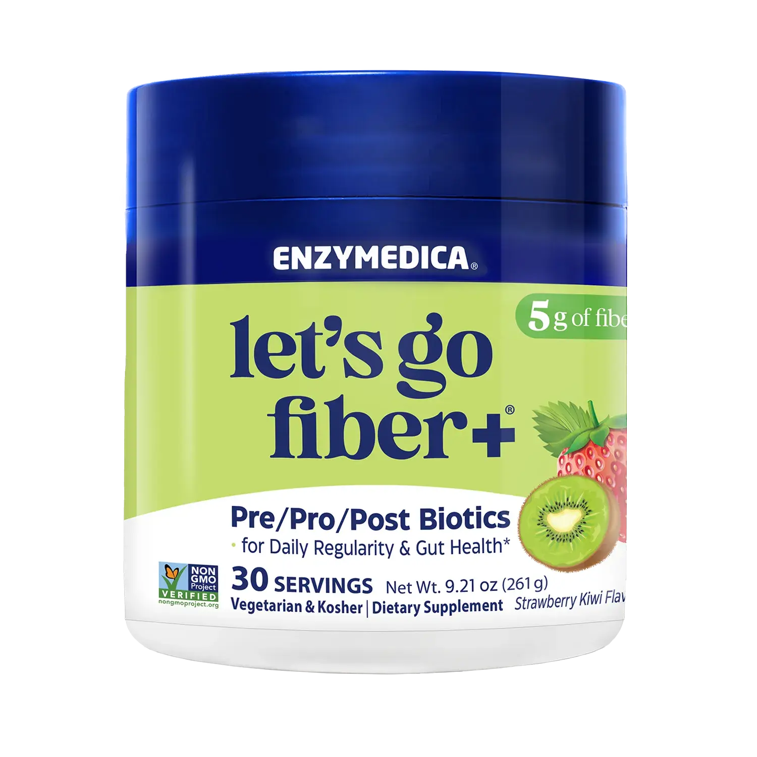 Enzymedica Let's Go Fiber+ Powder Supplement for Women & Men - Daily Digestive & Gut Health Support, Prebiotic, Probiotic, & Postbiotic Blend, Sugar-Free Drink Mix - Strawberry Kiwi
