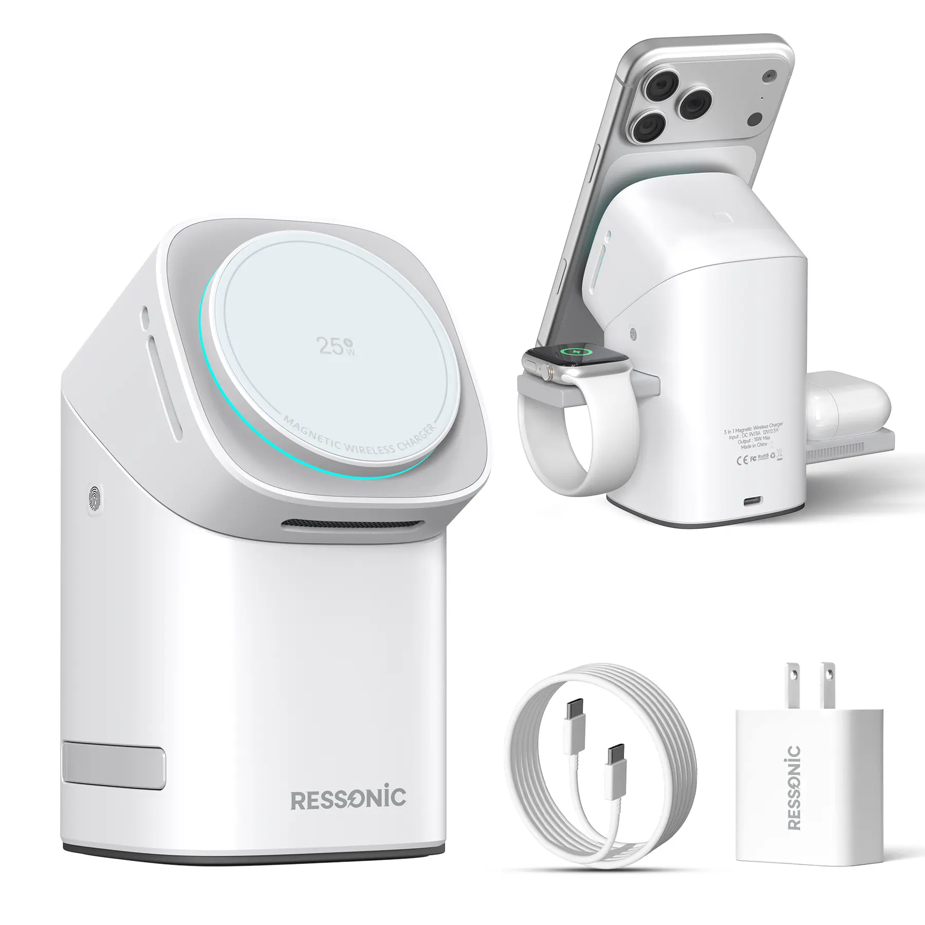3 in 1 Wireless Charging Station for Apple & Samsung, 25W Fast Magnetic Wireless Charger Stand for Magsafe iPhone 17/16/15/14/13/12 Pro Max, Galaxy S25/24/23/22, AirPods, iWatch (with 45W Adapter)