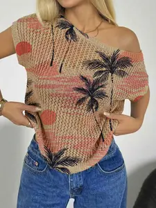 Spring Summer Women's Beach Vacation Style Casual Asymmetric Neck Shoulderless Batwing Sleeve Semi-Transparent Hollow Out, Coconut Tree Print Knit Top Womenswear