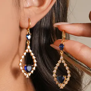 18K Gold Plated Hollow Teardrop Navy Blue Sapphire Heart Gemstone Dangle Earrings for Women, Hypoallergenic Cubic Zirconia Earrings, Elegant Chandelier Drop Earrings, Statement Jewelry Gifts Fashion
