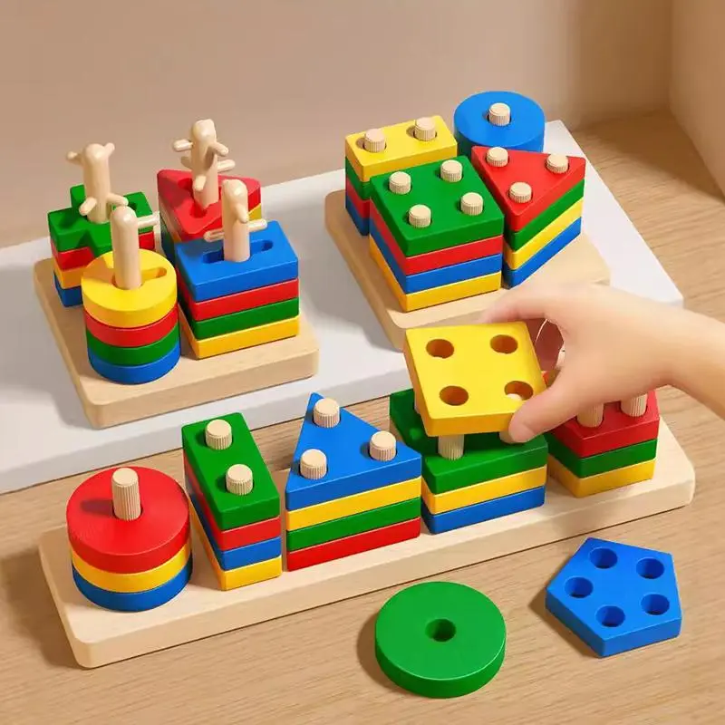 Montessori Wooden Block Puzzles Toys Children Geometric Shape Color Sorter Block Toddler Sorting Math Bricks Stacking Wood Toys