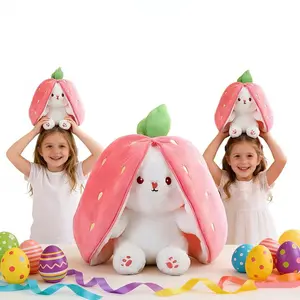 Bunny Stuffed Animal, Strawberry Reversible Cuddle Bunny Plush Doll with Zipper, Cute Soft Rabbit Toys Pillow for Kids and Adults, Easter Bunnies Plushies Gifts