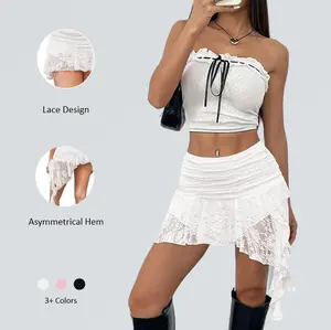 Imily Bela Y2K Fairycore Lace Mini Skirt Low Rise Ruffle Pleated Asymmetrical Layered Soft Breathable