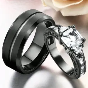 Stylish Couple Rings Set for Engagement & Wedding | 1pc Men's Band + 1pc Princess Cut Women's Ring | Romantic Gift for Him & He