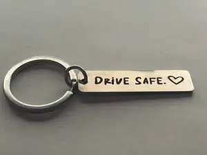 Drive safe laser engraved metal Keychain Grey