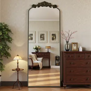 Antok Arched Full Length Mirror, 65"x24" Floor Mirror with Carved, Full Body Mirrors for HomeDecor, Living Room, Cloakroom, Bronze, Retro Style