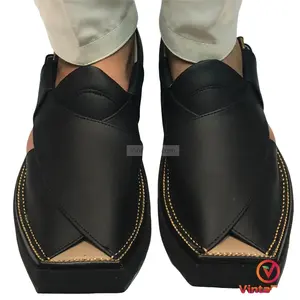 Men's Black Leather Peshawari Chappal: Handcrafted Traditional Sandals