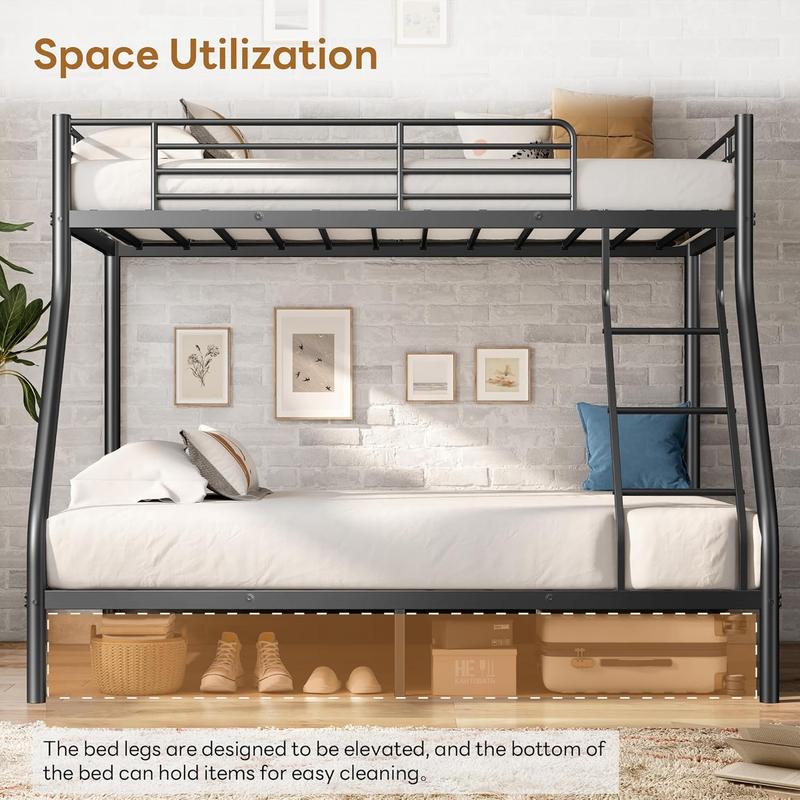 Bunk Beds Twin Over Full Size, More Sturdy Heavy Duty Metal Bunk Bed with Angled Ladder for Teens and Adults, Used for Spaces-Saving, Apartment or Dorm, Noise Free & Easy Assembly, Black