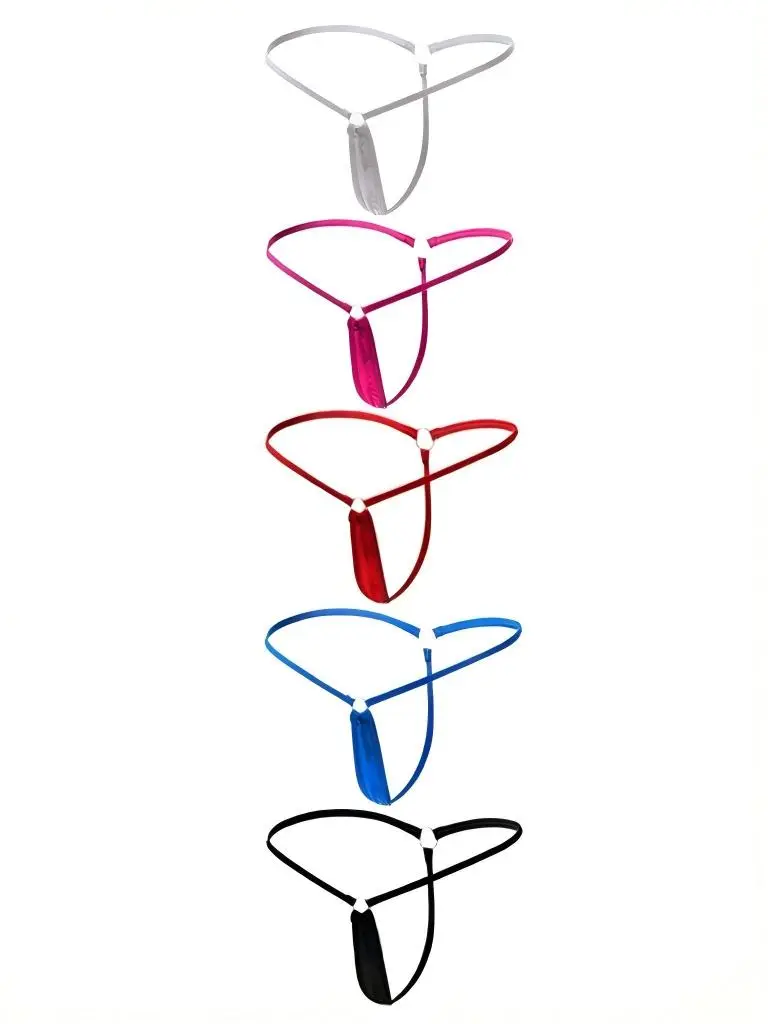 Y-Back G-String for Women, Sexy Vinyl Low-Rise Triangle Thong Lingerie with O-Ring Accents and Thin Waistband