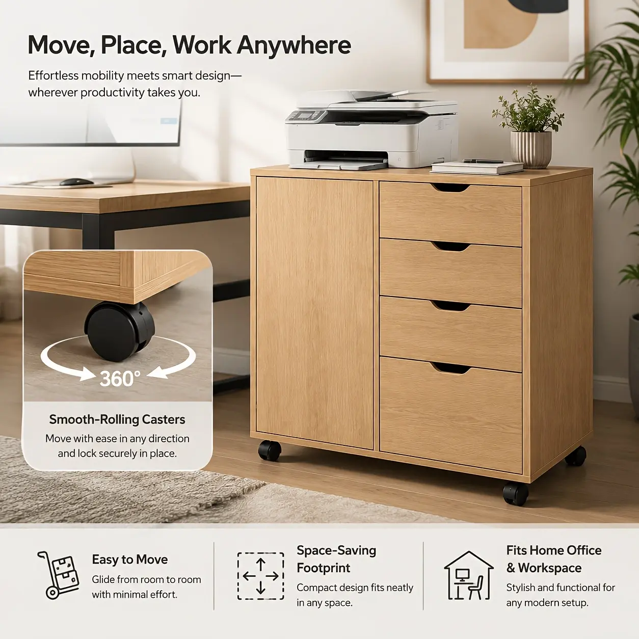 Naviconvex 27.6in Mobile Office Storage Cabinet with Door & 4 Drawers, Rolling File Cabinet with 360° Caster Wheels, Large-Capacity Printer Stand & Organizer for Home Office, Study Room & Workspace, White