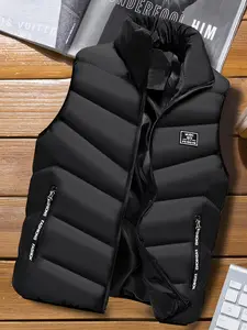 Men's Sleeveless Vest - Warm Zip-Up Stand Collar Jacket, Autumn Winter, Polyester Fiber, Autumn, Cold Protection Casual Menswear Waistcoat Outfit Black Plain Top