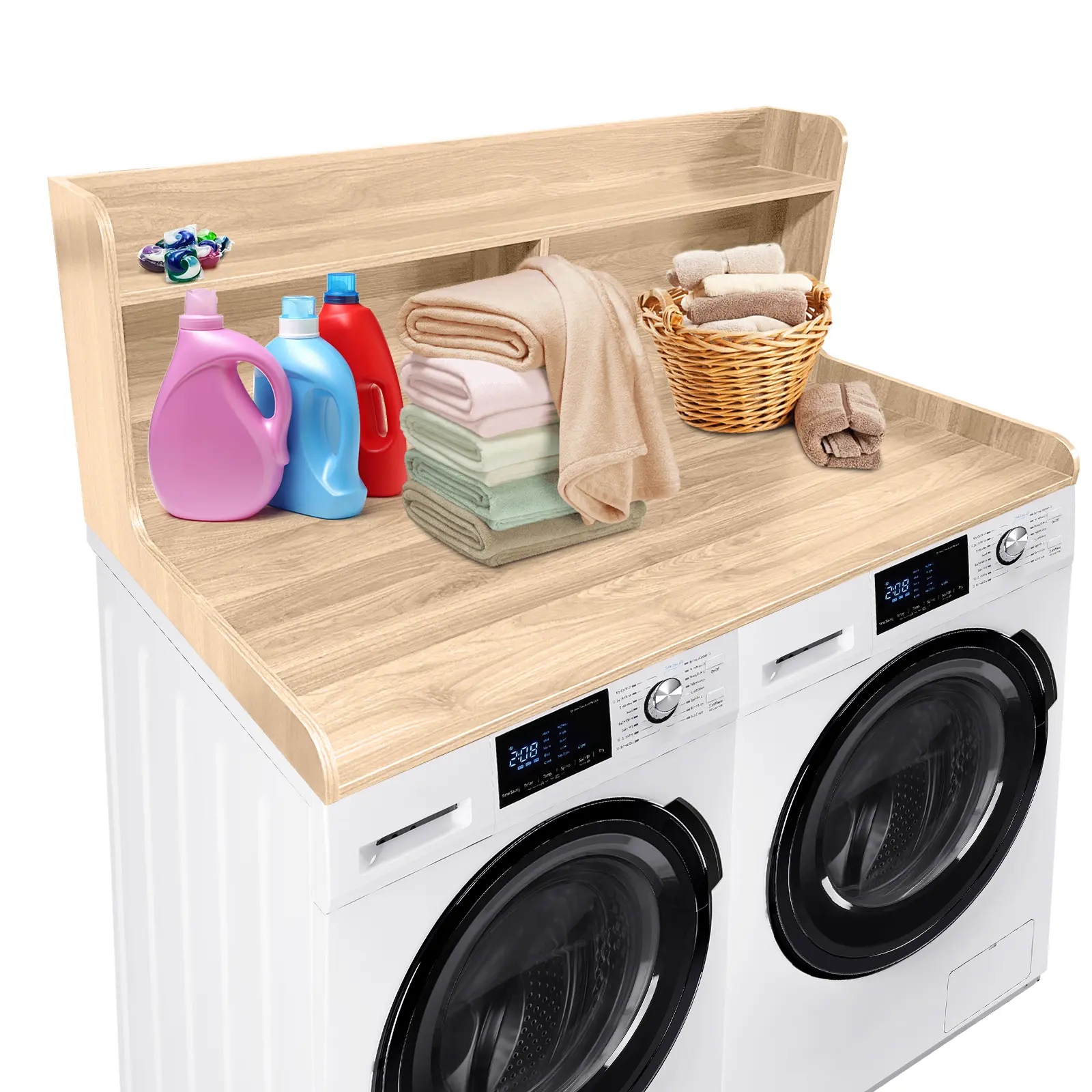 Space-Saving 2-Tier Washer and Dryer Countertop Shelf – Waterproof Wood Laundry Organizer – Large Storage Over Washer & Dryer – Utility Rack for Laundry Room, 54x27.5 Inch,