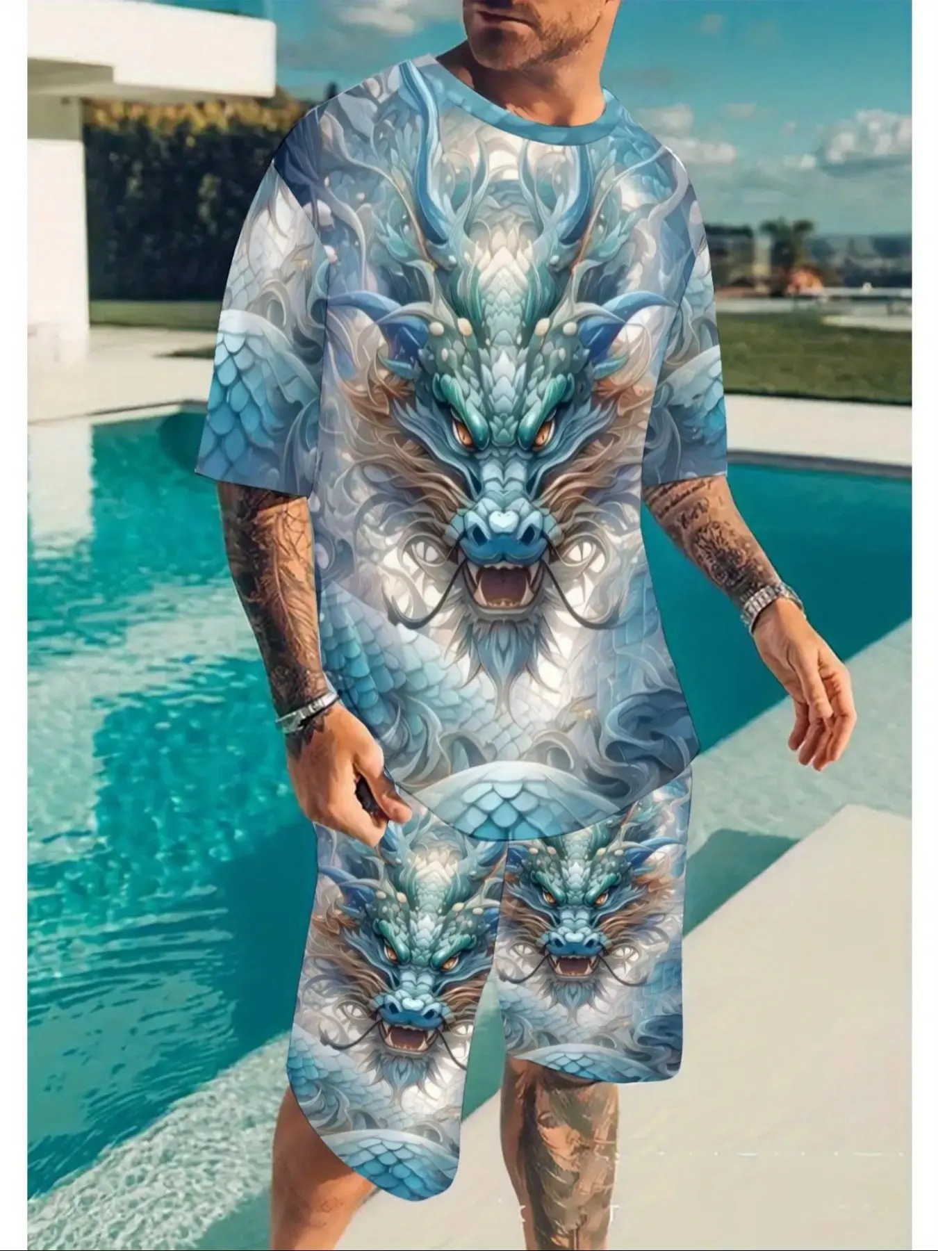 Men's 3D Dragon Print Short Sleeve T-Shirt & Shorts Set, Casual Fitted Summer, Fashionable Two-Piece Sports Wear