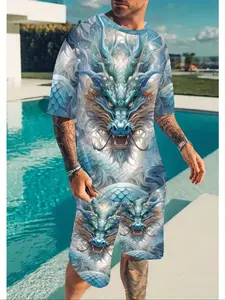 Men's 3D Dragon Print Short Sleeve T-Shirt & Shorts Set, Casual Fitted Summer, Fashionable Two-Piece Sports Wear