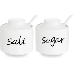 8 oz Sugar and Salt Bowls with Lid and Spoon, Ceramics Condiment Pots,Seasoning Jar  Container for Kitchen,Dishwasher Safe (White)