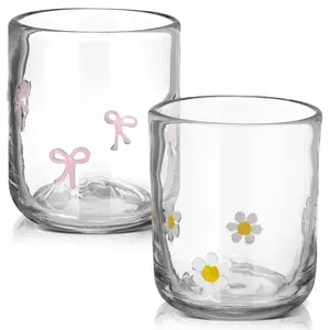 2 Pack Icon Glass Cups Pink Bow Coquette And Flower 14 Ounce Aesthetic Double Vintage Glasses For Woman Friend Party Cocktail Juice Water Drinks Wine Favors