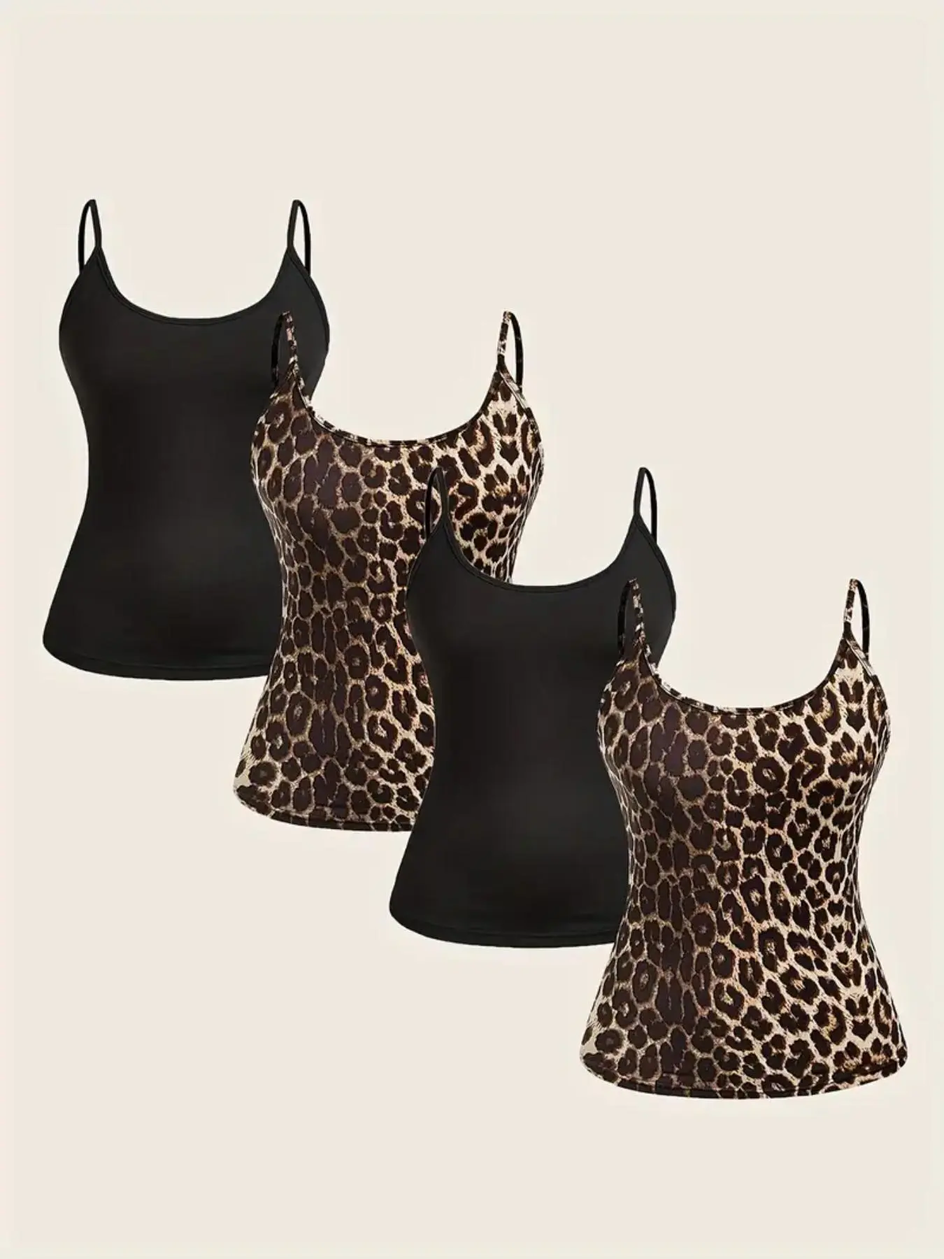 Women's Solid Color & Leopard Print Fitted Cami Top, Casual Sleeveless Top for Summer, Ladies Clothes for Daily Wear, Spaghetti Strap, Womenswear
